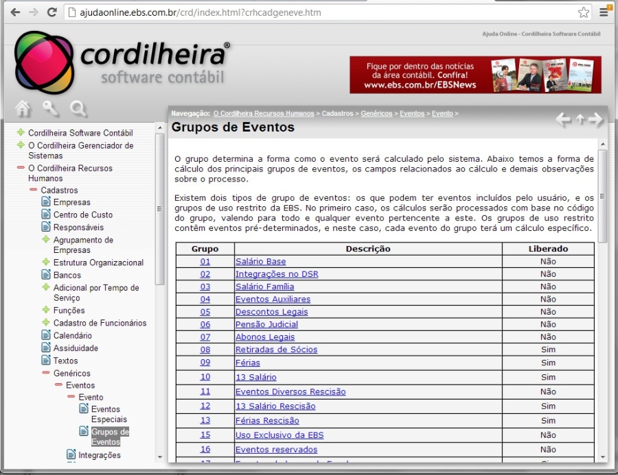 Tela de ajuda do sistema sobre os Grupos de Eventos. Clique na lupa para ampliar
